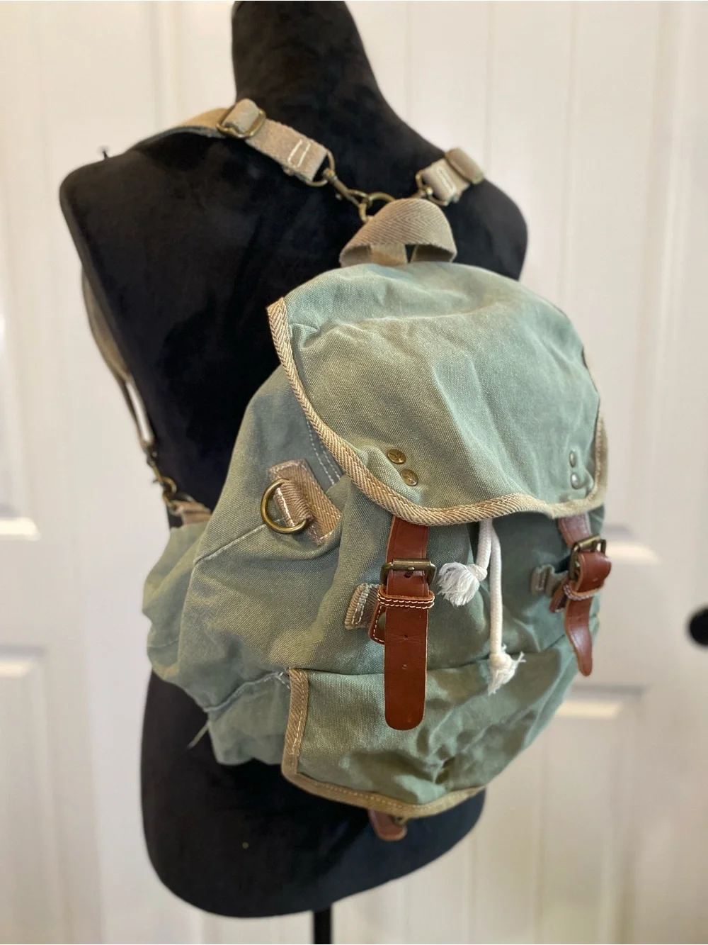 American Eagle Outfitters Sage Green Canvas Backpack with Brown Trim